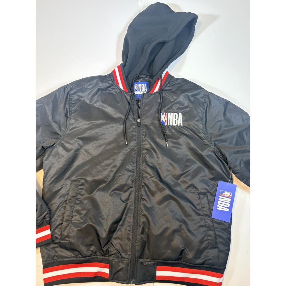 NWT - NBA Hooded Bomber Jacket Black w/ Logo Red/White Trim Size L